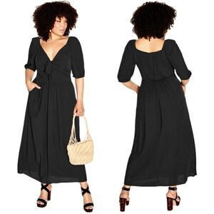 New! City Chic Villa Capri Peasant Peekaboo Tie Front Puff Sleeve Maxi Dress